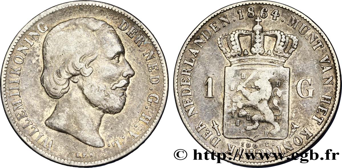 NETHERLANDS 1 Gulden Guillaume III 1864 Utrecht VF 