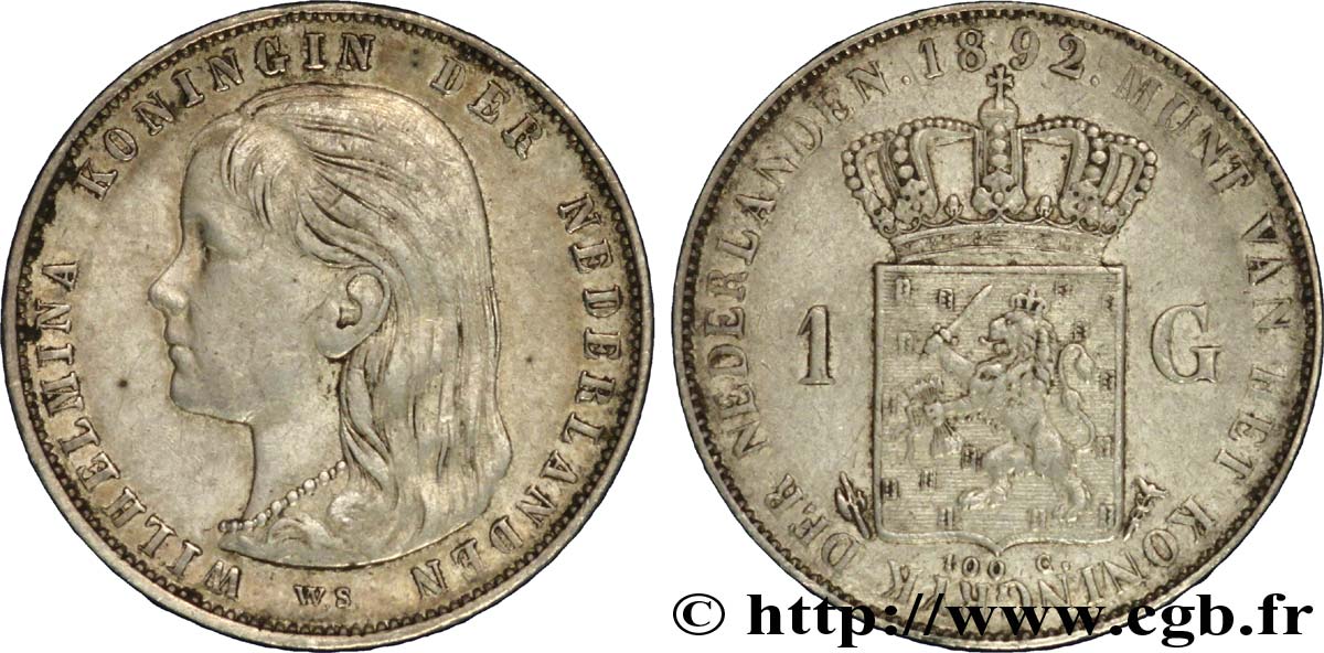 NETHERLANDS 1 Gulden Wilhelmina 1892 Utrecht VF 