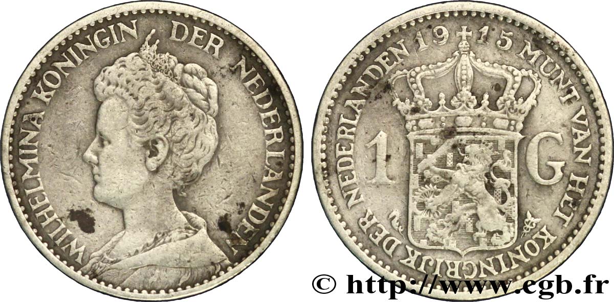 NETHERLANDS 1 Gulden Wilhelmina 1915  VF 