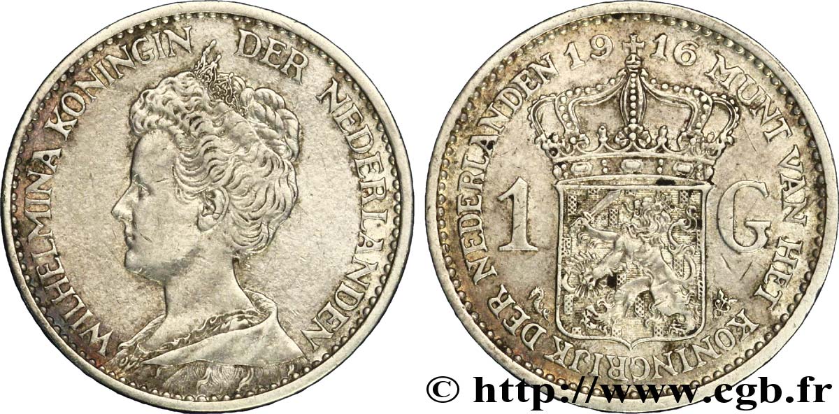 NETHERLANDS 1 Gulden Wilhelmina 1916  XF 