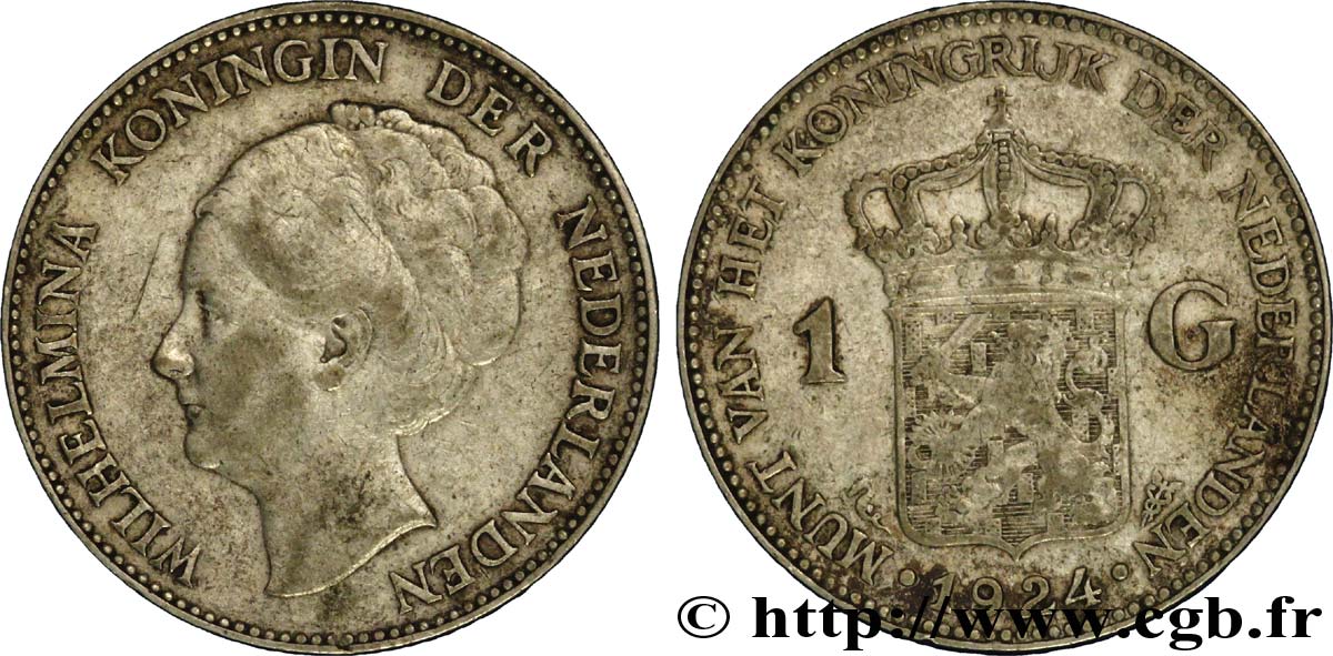 NETHERLANDS 1 Gulden Wilhelmina 1924  VF 
