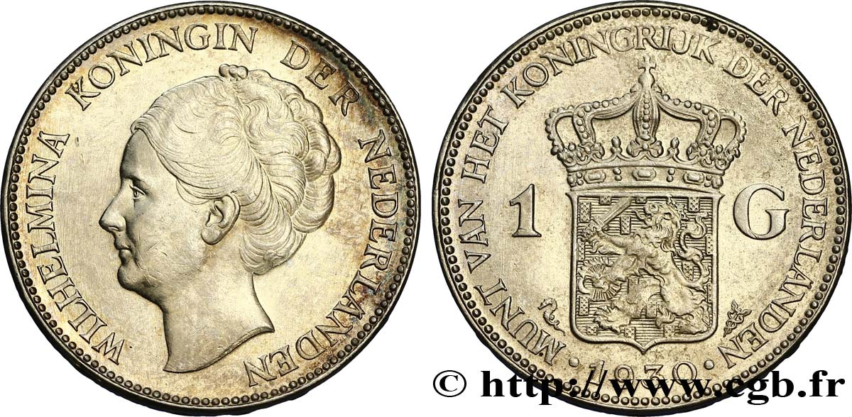 NETHERLANDS 1 Gulden Wilhelmina 1930  AU 