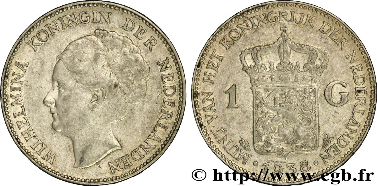 NETHERLANDS 1 Gulden Wilhelmina 1938  XF 
