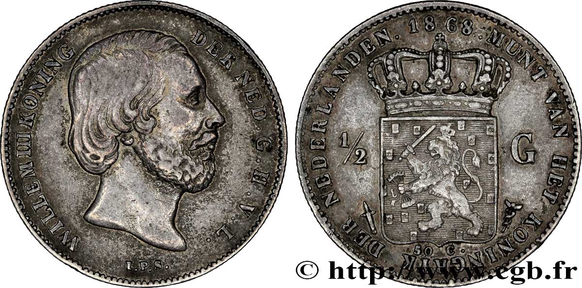 NETHERLANDS 1/2 Gulden Guillaume III 1868 Utrecht AU 