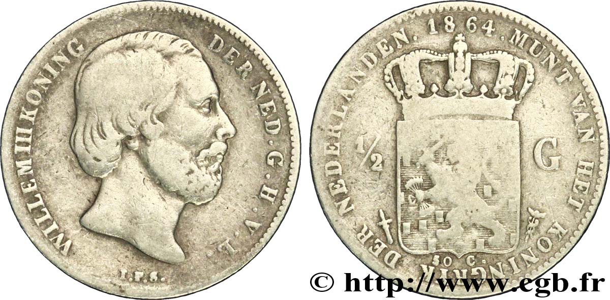 NETHERLANDS 1/2 Gulden Guillaume III 1864 Utrecht VF 