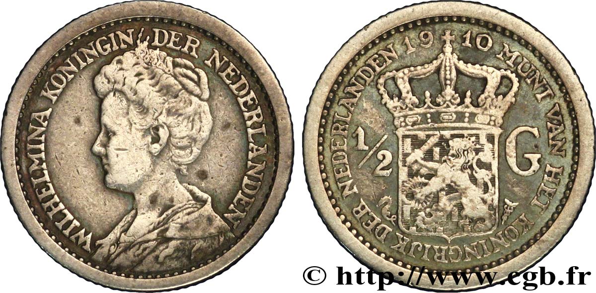 PAYS-BAS 1/2 Gulden Wilhelmina 1910  TB+ 