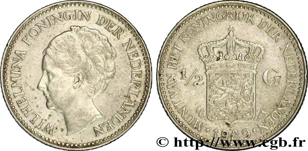 NETHERLANDS 1/2 Gulden Wilhelmina 1929  AU 
