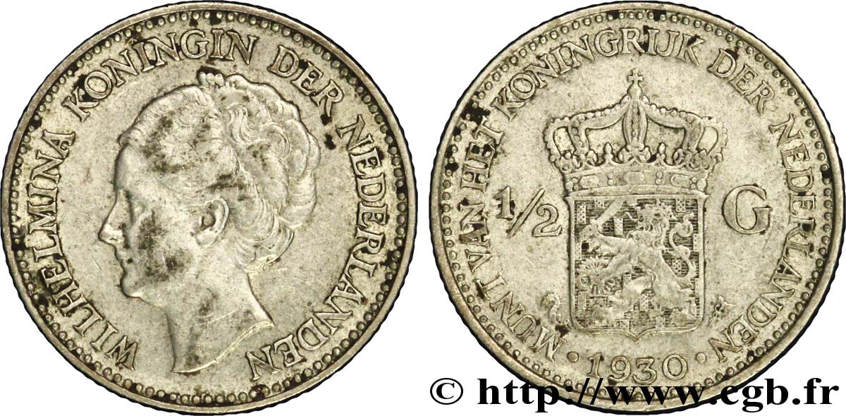 PAYS-BAS 1/2 Gulden Wilhelmina 1930  TTB 