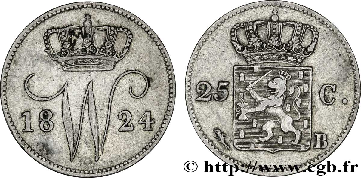 NETHERLANDS 25 Cents monogramme Guillaume Ier 1824 Bruxelles XF 