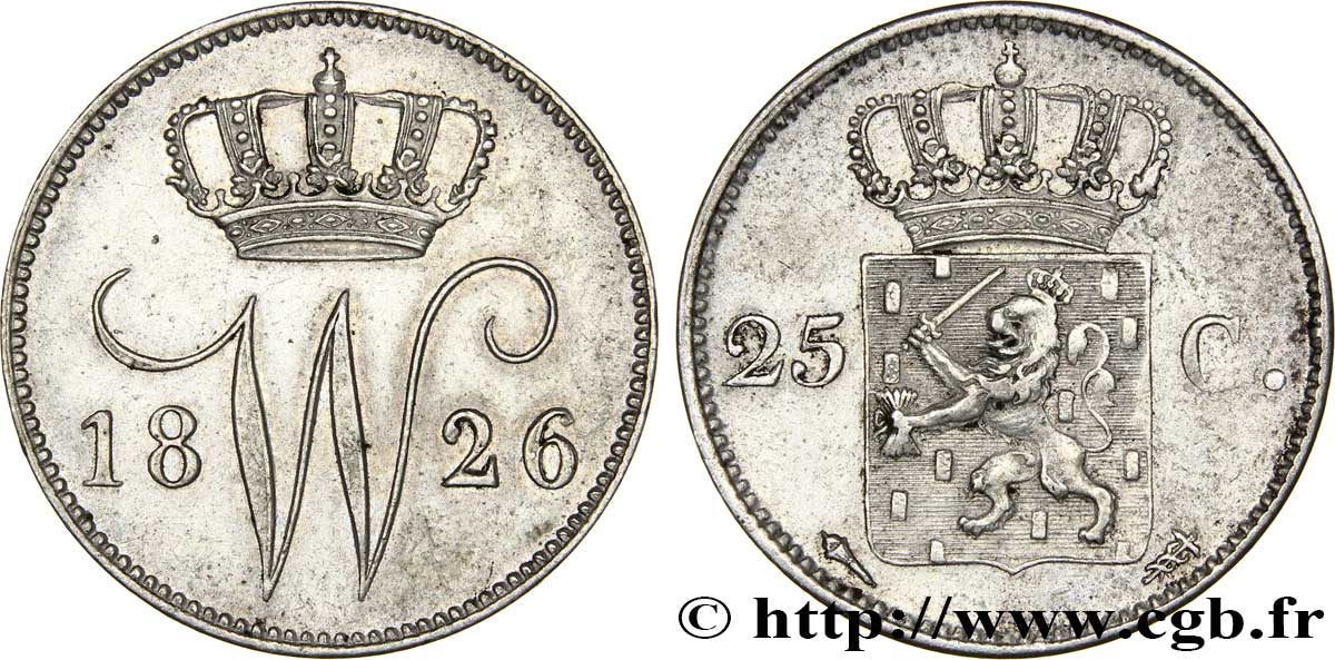 PAESI BASSI 25 Cents monogramme Guillaume Ier 1826 Utrecht SPL 