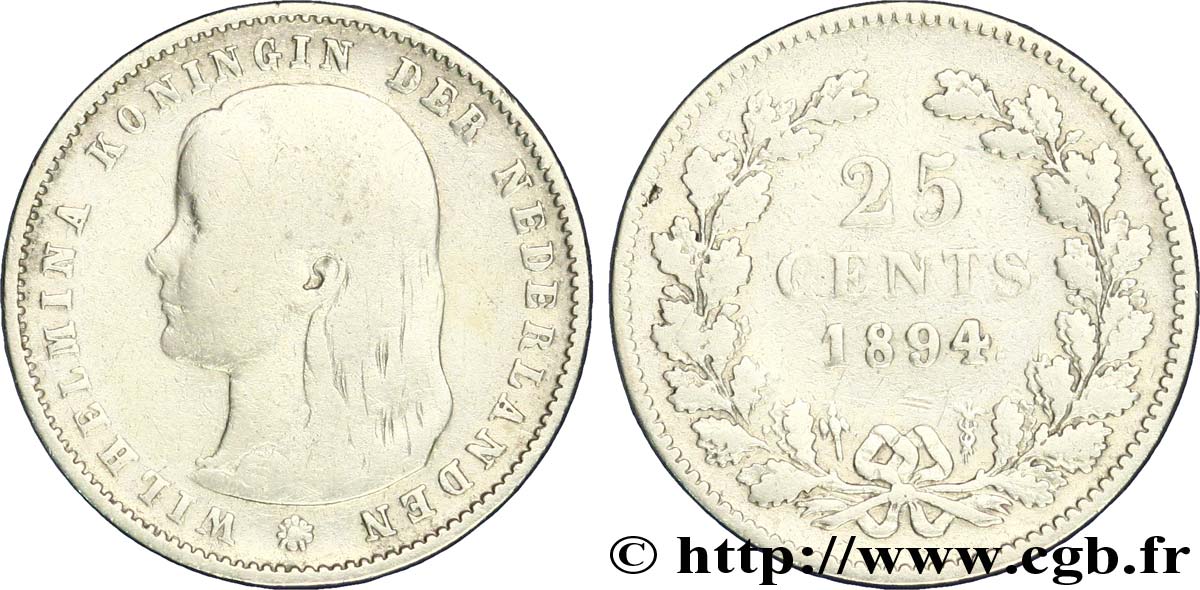 NETHERLANDS 25 Cents Wilhelmine 1894 Utrecht VF 