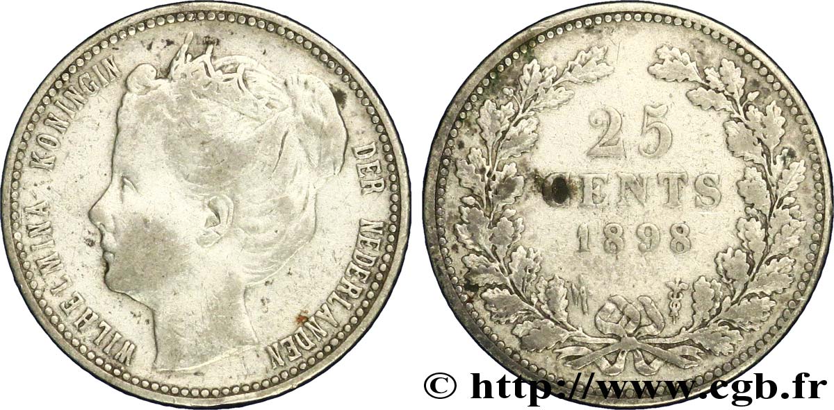 NETHERLANDS 25 Cents Wilhelmine 1898 Utrecht VF 