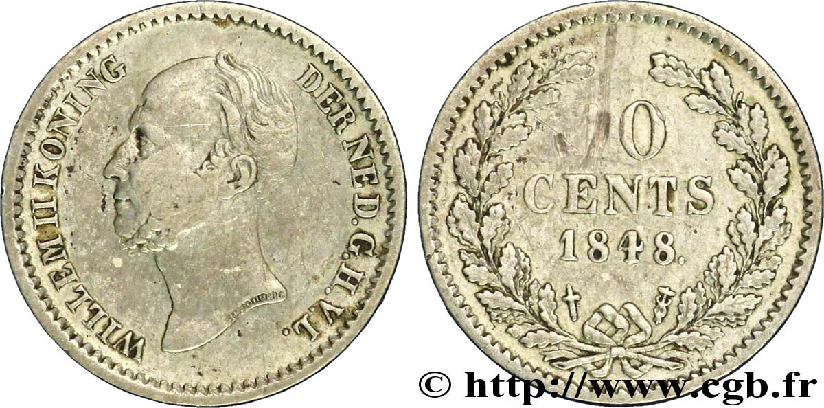 NETHERLANDS 10 Cents Guillaume II 1848 Utrecht VF 