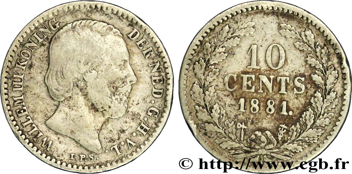 NETHERLANDS 10 Cents Guillaume III 1881 Utrecht VF 