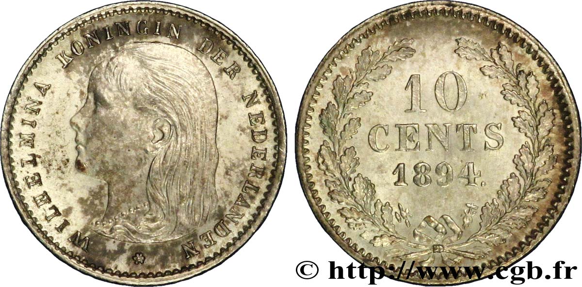 PAESI BASSI 10 Cents Wilhelmine 1894 Utrecht SPL 