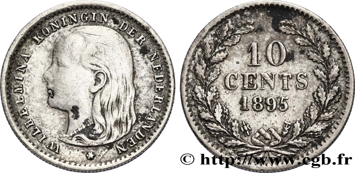 NETHERLANDS 10 Cents Wilhelmine 1895 Utrecht XF 