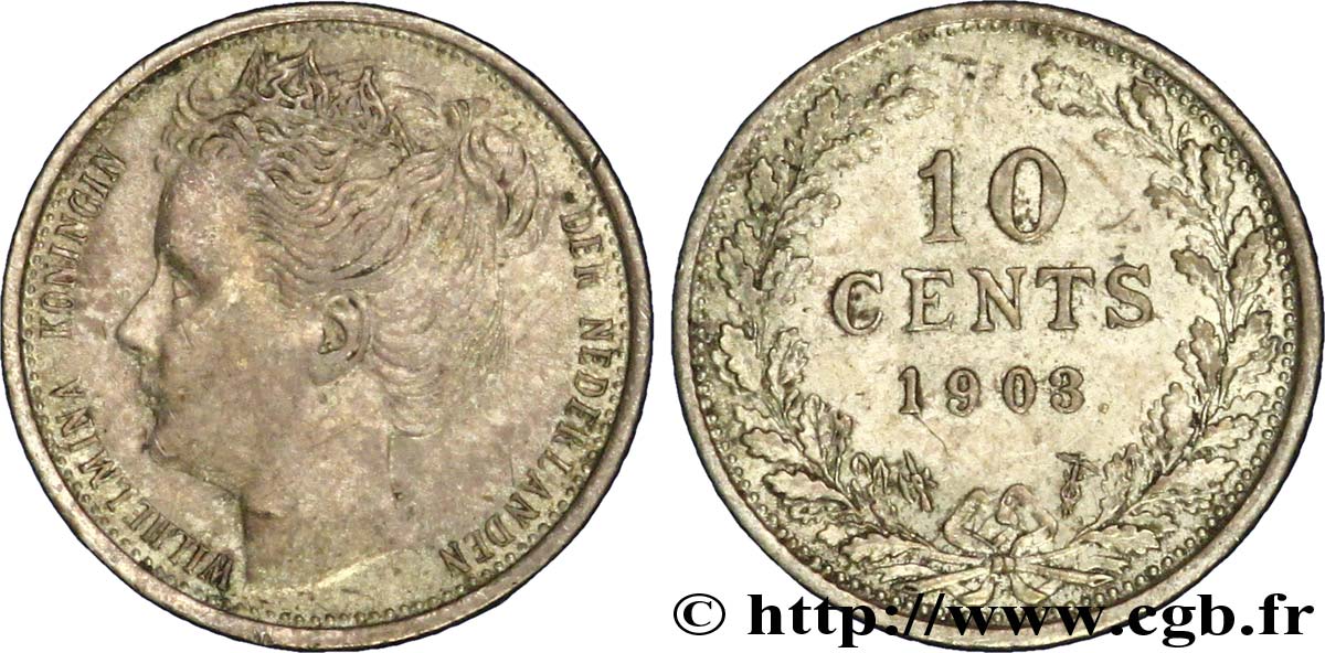 NETHERLANDS 10 Cents Reine Wilhelmine 1903 Utrecht AU 