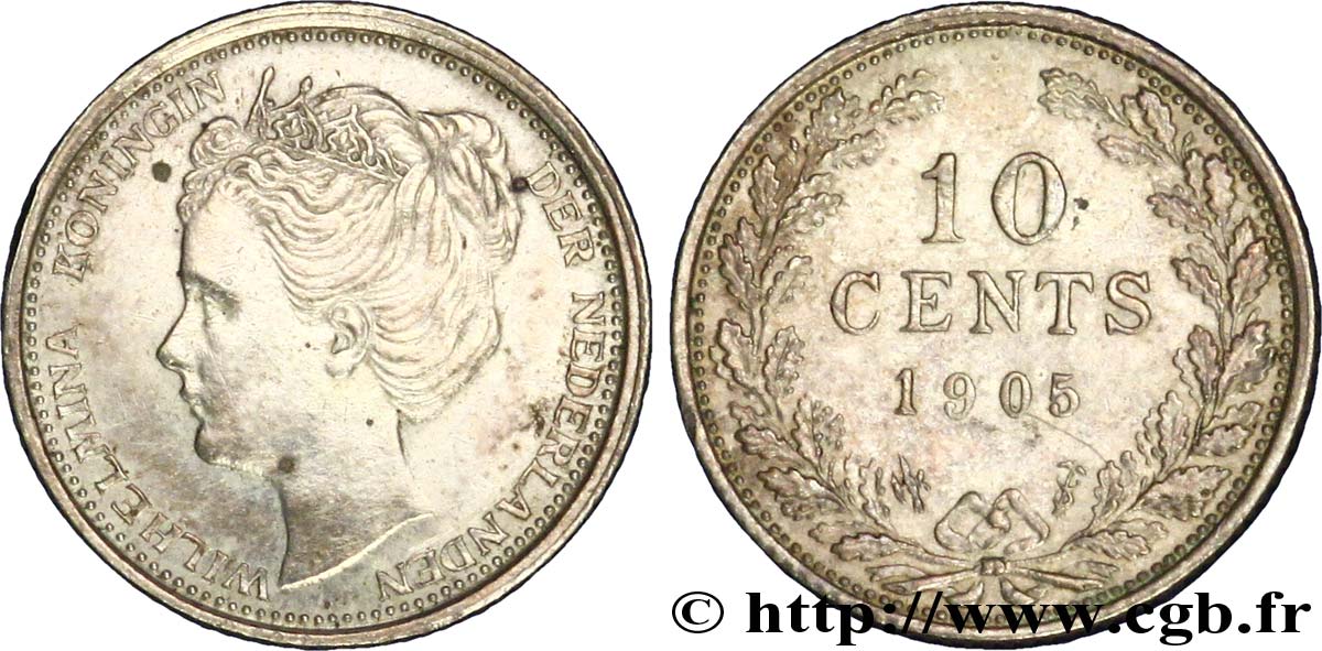 NETHERLANDS 10 Cents Reine Wilhelmine 1905 Utrecht AU 