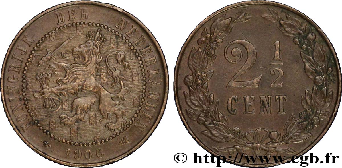 NETHERLANDS 2 1/2 Cents lion couronné 1906 Utrecht AU 