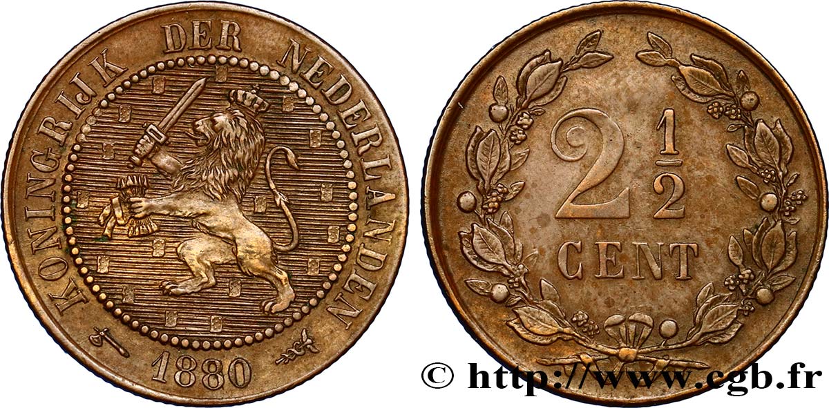 NETHERLANDS 2 1/2 Cents lion couronné 1880 Utrecht AU 