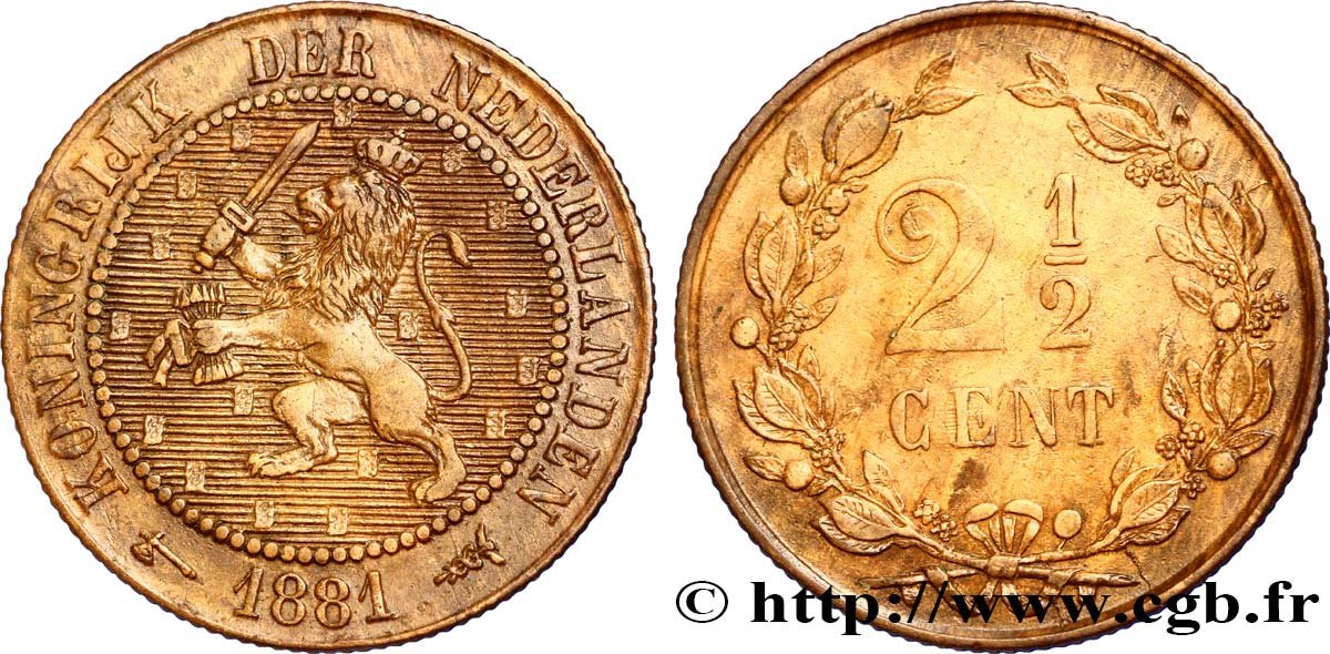 NIEDERLANDE 2 1/2 Cents lion couronné 1881 Utrecht VZ 