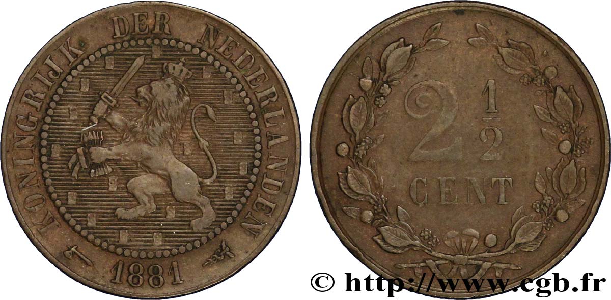 PAYS-BAS 2 1/2 Cents lion couronné 1881 Utrecht TTB+ 