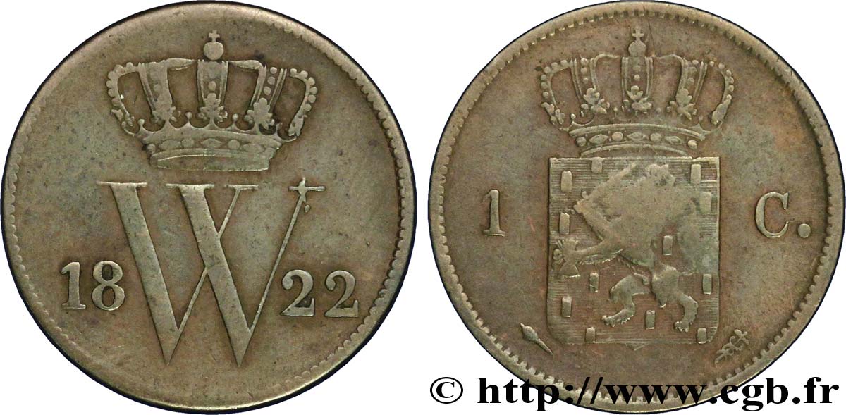 NETHERLANDS 1 Cent emblème monogramme de Guillaume Ier 1822 Utrecht VF 
