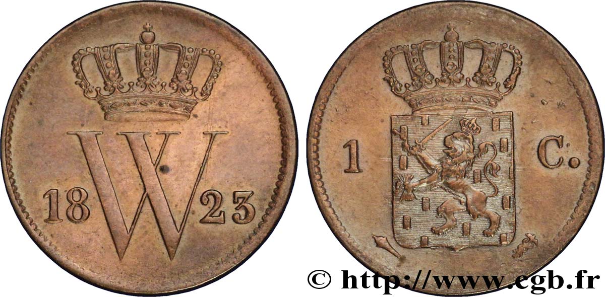 PAESI BASSI 1 Cent emblème monogramme de Guillaume Ier 1823 Utrecht SPL 