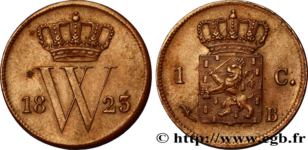 NETHERLANDS 1 Cent emblème monogramme de Guillaume Ier 1823 Bruxelles AU 