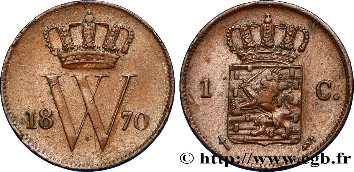 PAíSES BAJOS 1 Cent emblème monogramme de Guillaume III 1870 Utrecht MBC+ 