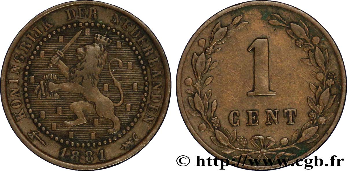 NETHERLANDS 1 Cent lion couronné 1881 Utrecht XF 
