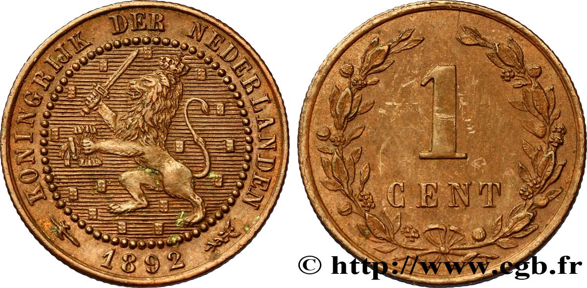 NIEDERLANDE 1 Cent lion couronné 1892 Utrecht VZ 