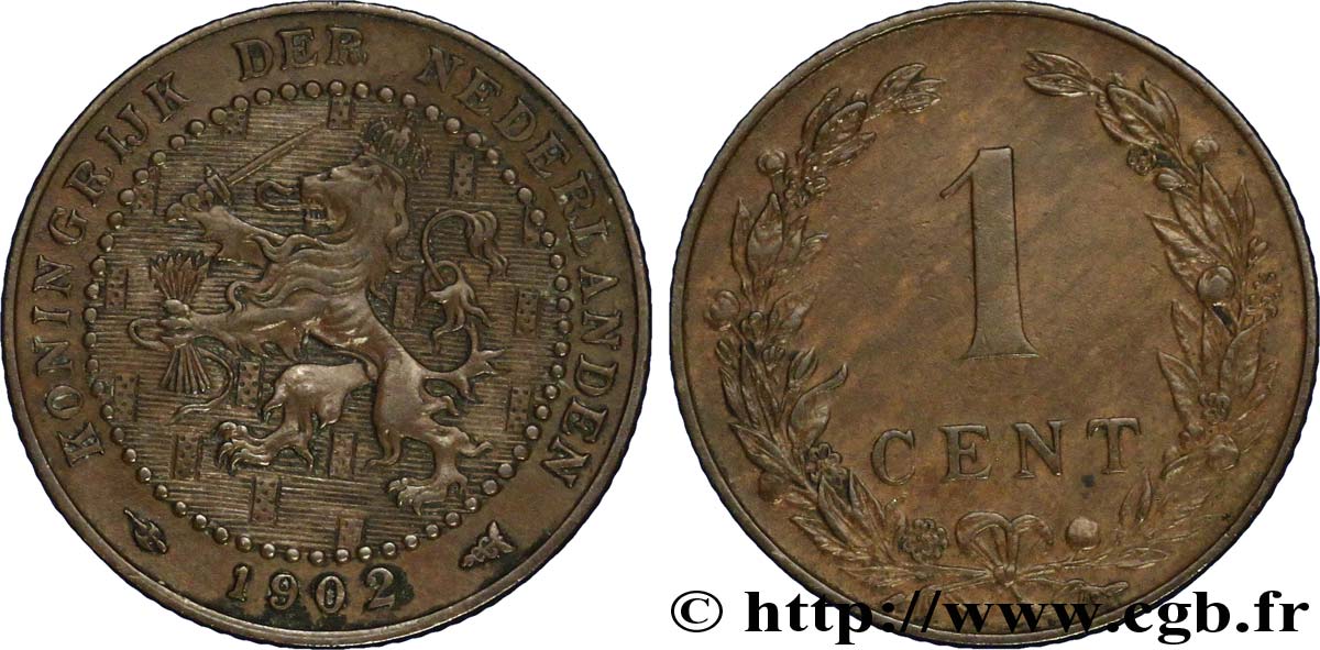 NETHERLANDS 1 Cent lion couronné 1902 Utrecht XF 