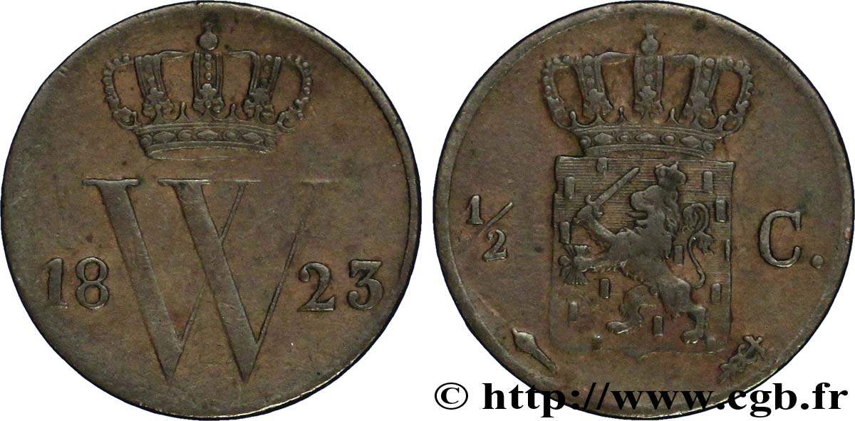 NETHERLANDS 1/2 Cent  emblème monogramme de William Ier 1823 Utrecht VF 