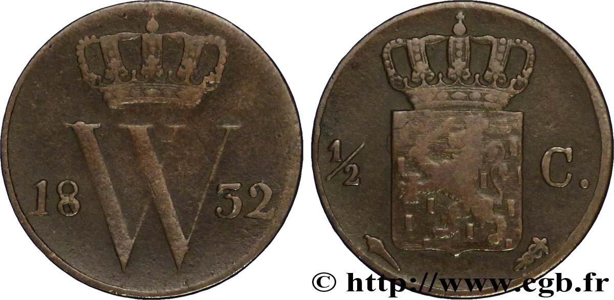 NETHERLANDS 1/2 Cent  emblème monogramme de William Ier 1832 Utrecht VF 