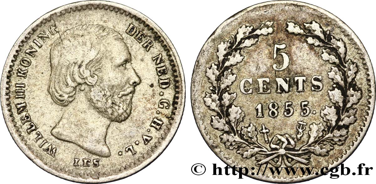 NETHERLANDS 5 Cents Guillaume III 1855 Utrecht XF 
