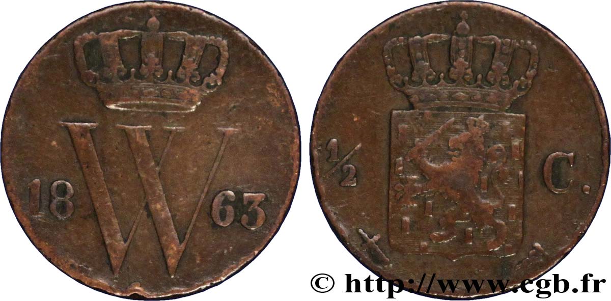 PAESI BASSI 1/2 Cent  emblème monogramme de Guillaume III 1863 Utrecht MB 