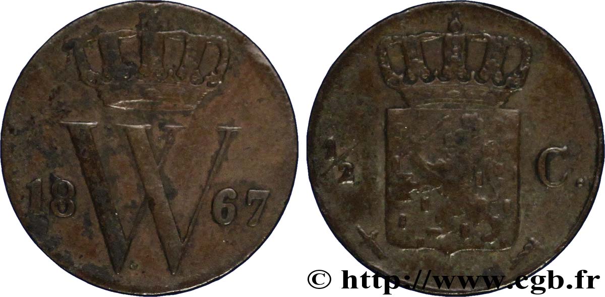 PAESI BASSI 1/2 Cent  emblème monogramme de Guillaume III 1867 Utrecht MB 
