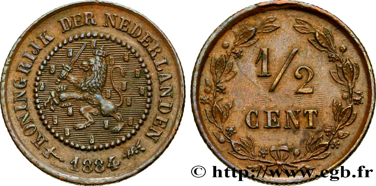 NETHERLANDS 1/2 Cent lion couronné 1884 Utrecht AU 