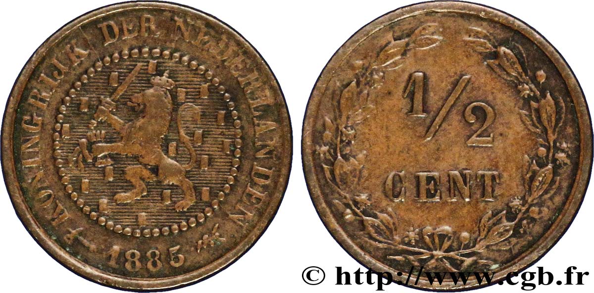 NETHERLANDS 1/2 Cent lion couronné 1885 Utrecht XF 