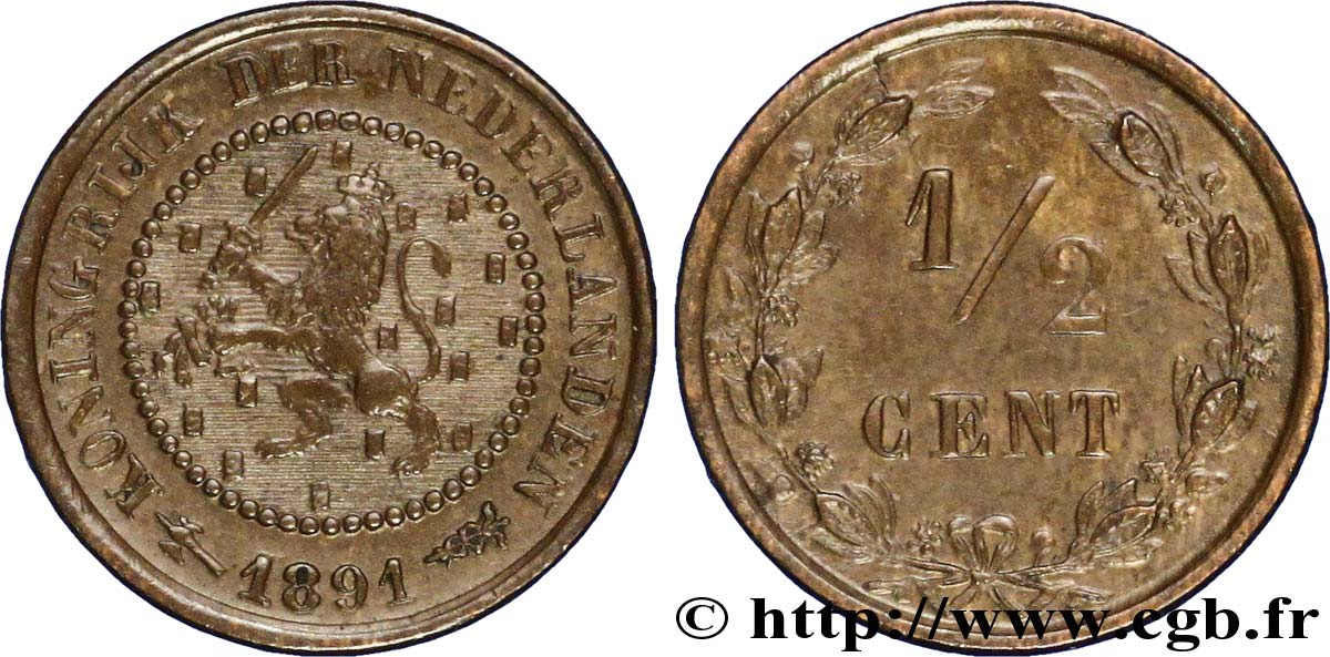 PAESI BASSI 1/2 Cent lion couronné 1891 Utrecht SPL 