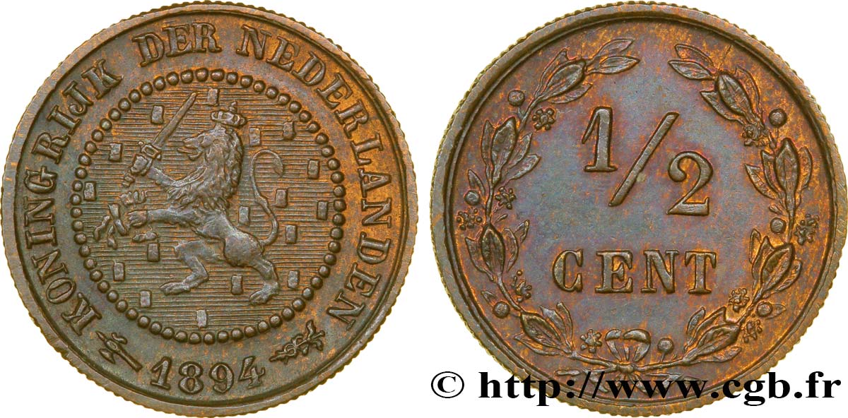 NETHERLANDS 1/2 Cent lion couronné 1894 Utrecht AU 