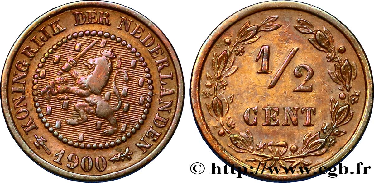 NETHERLANDS 1/2 Cent lion couronné 1900 Utrecht XF 