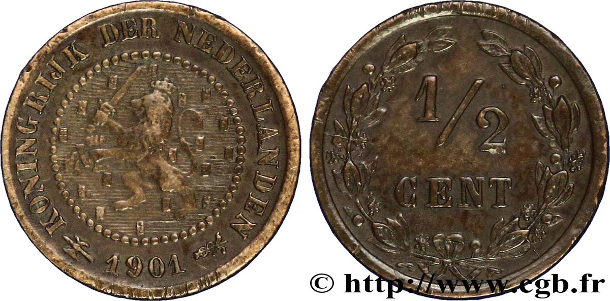 NETHERLANDS 1/2 Cent lion couronné 1900 Utrecht AU 