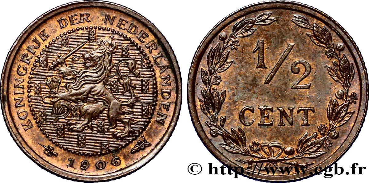 NIEDERLANDE 1/2 Cent lion couronné 1906 Utrecht VZ 