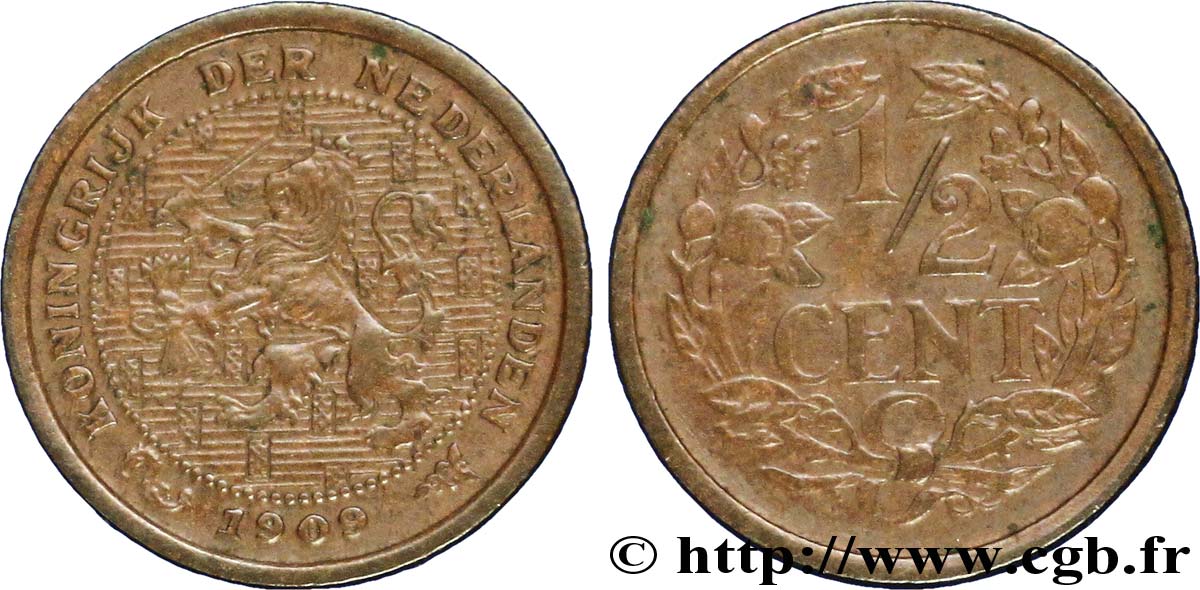 NETHERLANDS 1/2 Cent lion couronné 1909 Utrecht AU 
