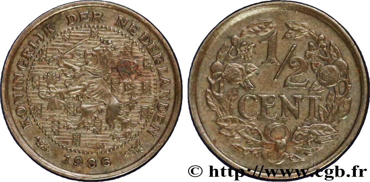 NETHERLANDS 1/2 Cent lion couronné 1936 Utrecht AU 