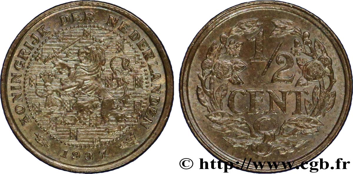 NIEDERLANDE 1/2 Cent lion couronné 1937 Utrecht VZ 