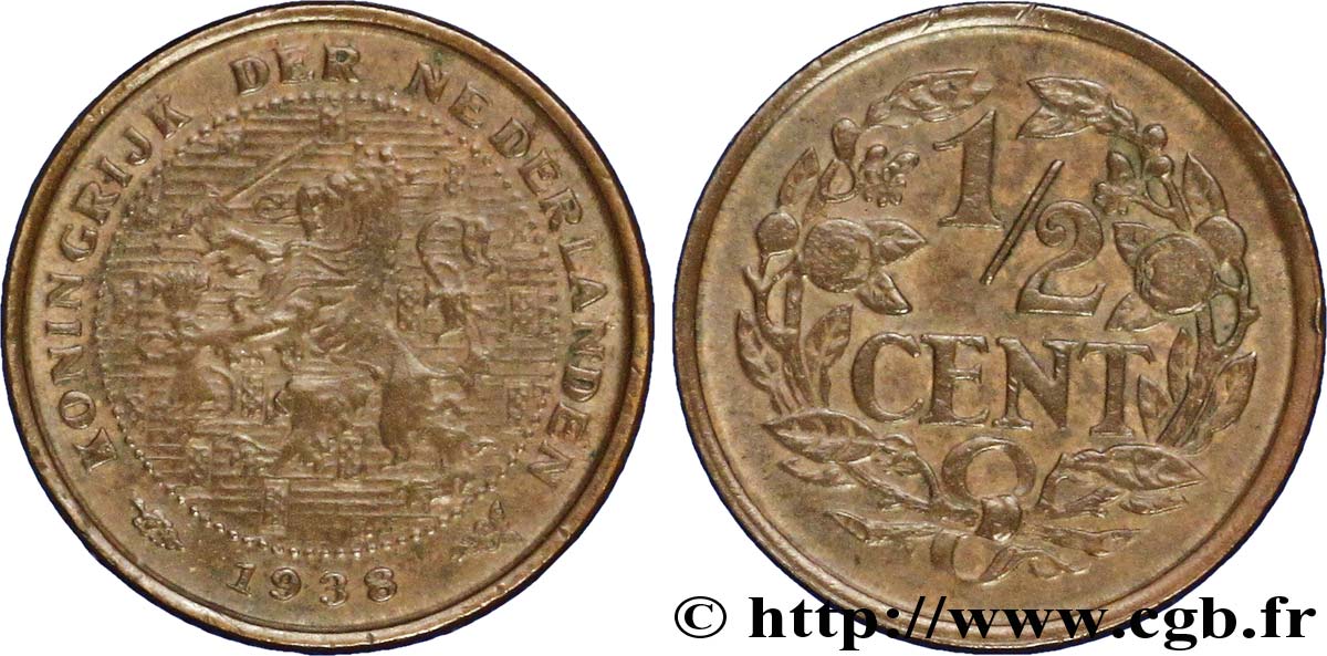 NETHERLANDS 1/2 Cent lion couronné 1938 Utrecht XF 
