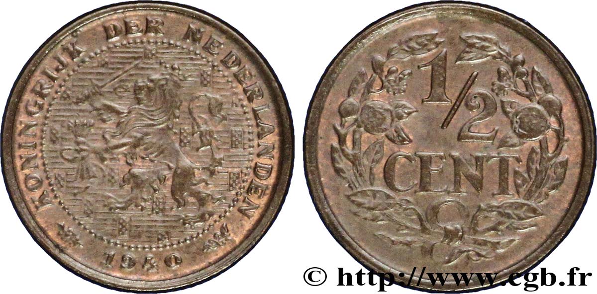 NETHERLANDS 1/2 Cent lion couronné 1940 Utrecht AU 